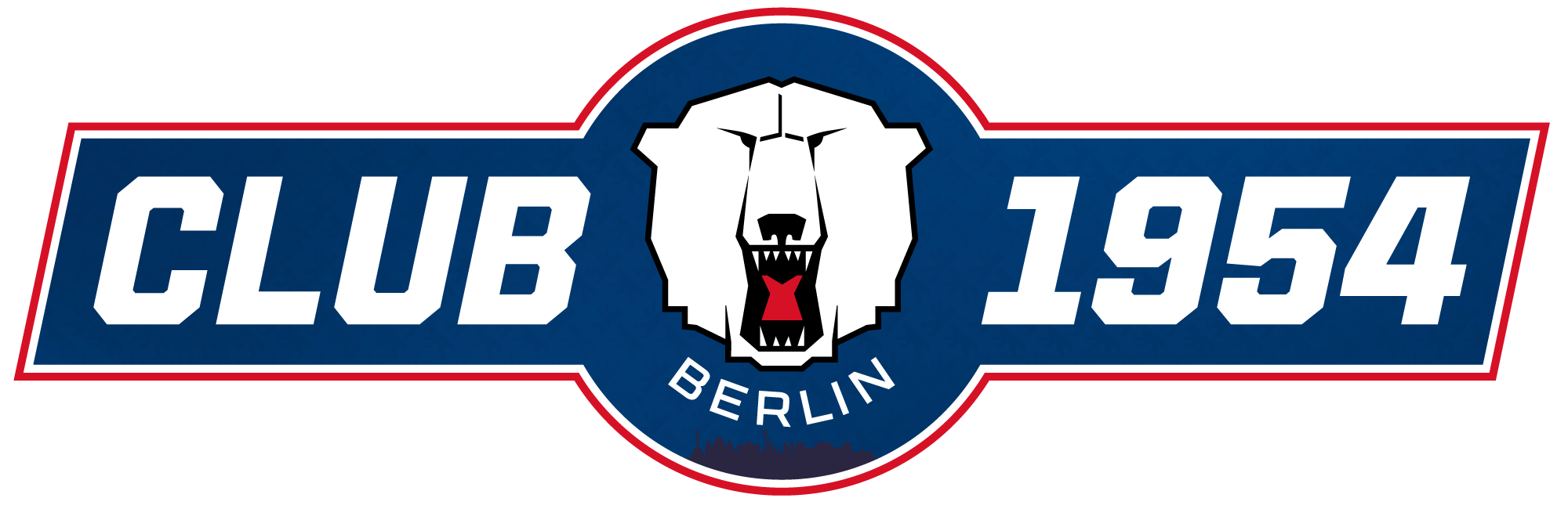 Club Logo in weißer Schrift auf blauem Hintergrund, links CLUB und rechts 1954 geschrieben. In der Mitte ein Eisbärkopf unterschrieben mit Berlin